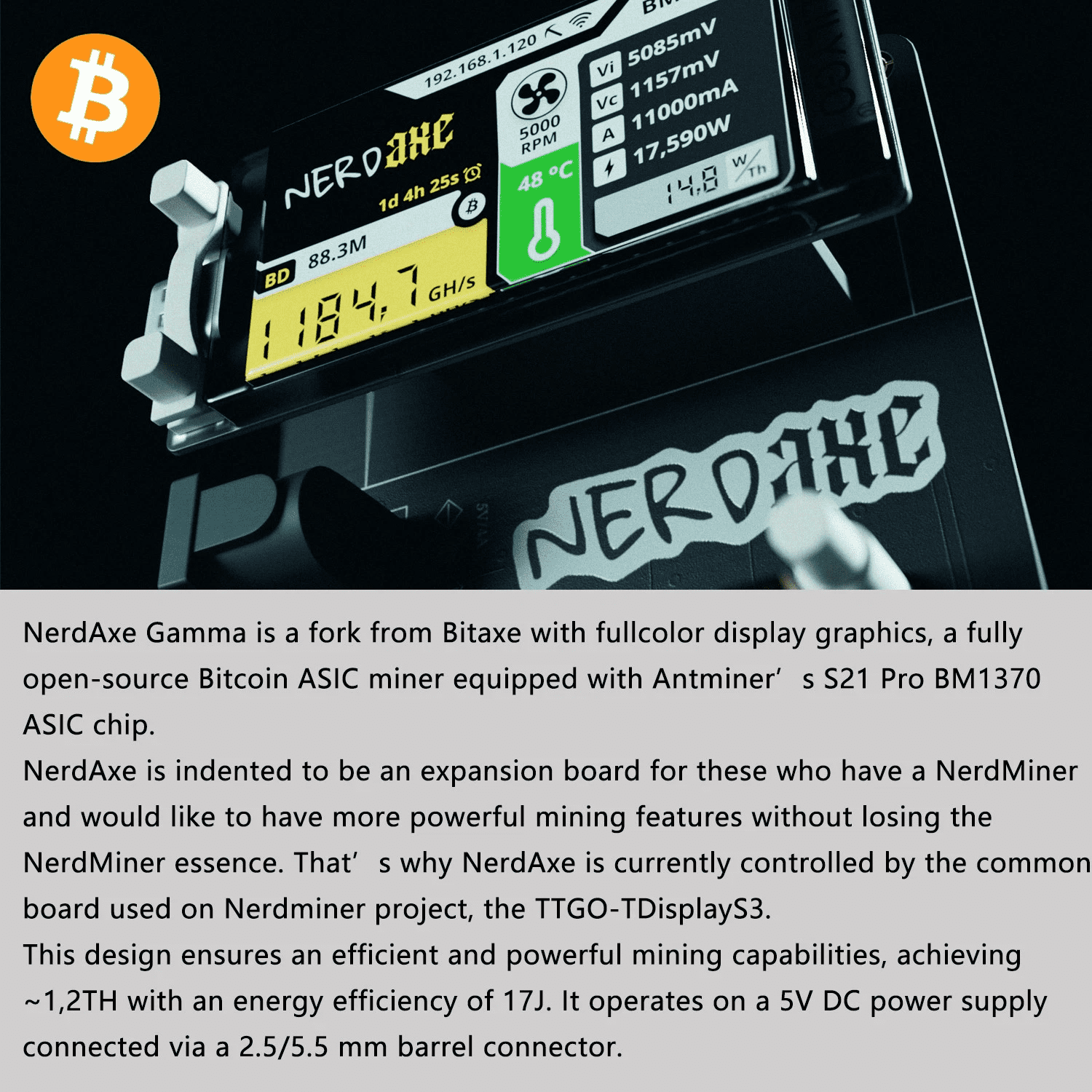 Nerdaxe Gamma 601 BTC Miner 1.2TH/s BM1370 ASIC Chip Crypto Lottery Machine  with Stand Ultra Silent Fan for Home Solo Mining,Orange Stand