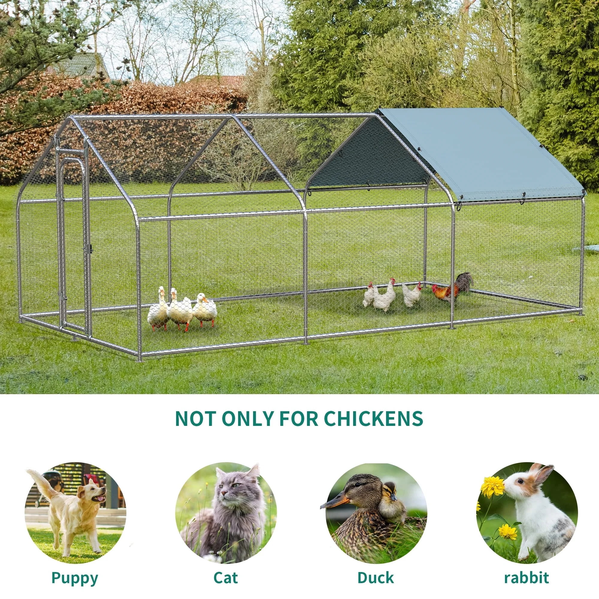 Aukfa Chicken Coop, 20 ft Large Chicken Run Cage Outdoor, Heavy Duty Spire Shaped Metal Frame, Silver