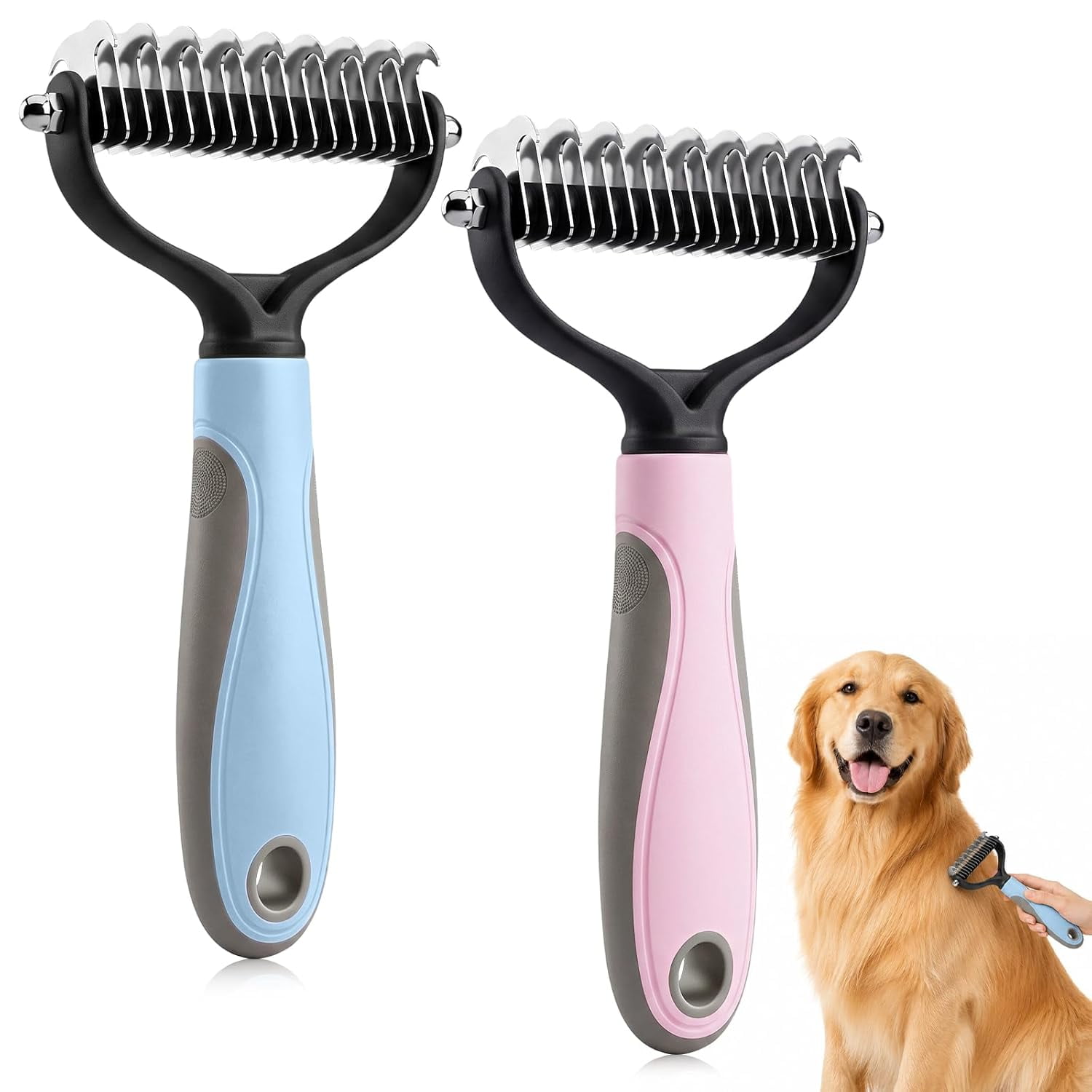 Pet Grooming Brush 2 Pack, Double-Sided Deshedding Rake for Dogs Cats, Removes Tangles Knots Loose Fur, Dematting Comb for Thick Coats, Blue Pink