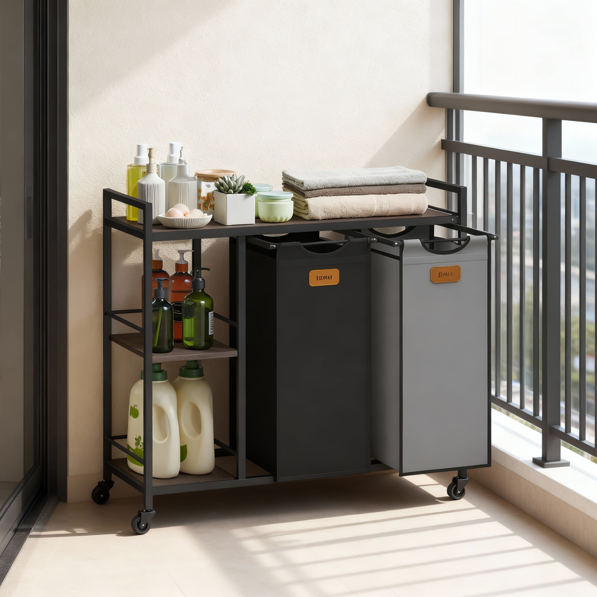 Laundry Hamper with 2 Compartments, 26.4 Gal. (100 L) Laundry Sorter, Rolling Laundry Cart 6 Labels, Chestnut Brown, Ink Black and Dove Gray