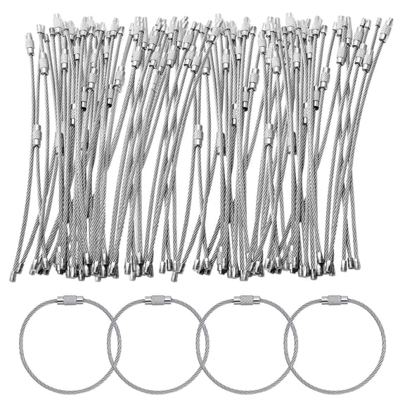 Wire Rope Key Ring,60Pcs Large Key Rings,Stainless Steel Key Rings,Keys Ring Tags,Keychains Cable Rope Key Ring with Screw Locking Silver,Cable Key Chain