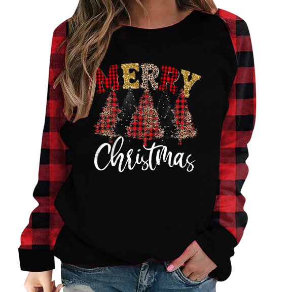Tbopshirt Womens Hoodless Sweatshirts,Plus Size Essential Crewneck Sweatshirts Long Sleeve Plaid Christmas Print Splicing Round Neck Pullover T-Shirt Tops