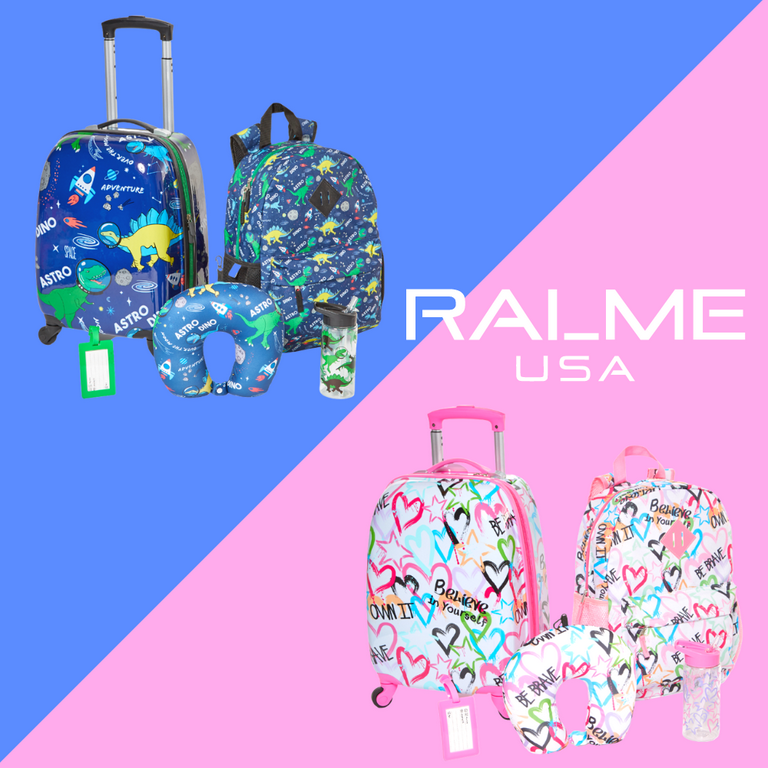 RALME 5 Pc. Girls’ Rolling Suitcase Set with Backpack, Neck Pillow, Water Bottle, and Luggage Tag