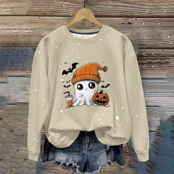 Ailaofu Women's Halloween Printed Round Neck Casual Sports Long Sleeve Sweatshirt Top Sweatshirt Loose Soft Long Sleeve Pullover Tops