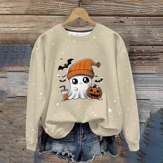 Ailaofu Women's Halloween Printed Round Neck Casual Sports Long Sleeve Sweatshirt Top Sweatshirt Loose Soft Long Sleeve Pullover Tops