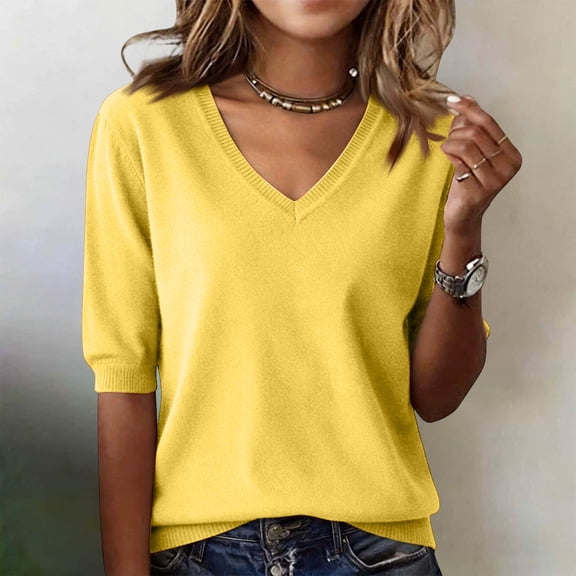 Womens Sweaters 3/4 Sleeve Pullover Tops V Neck Blouses Business Casual Fashion Clothes