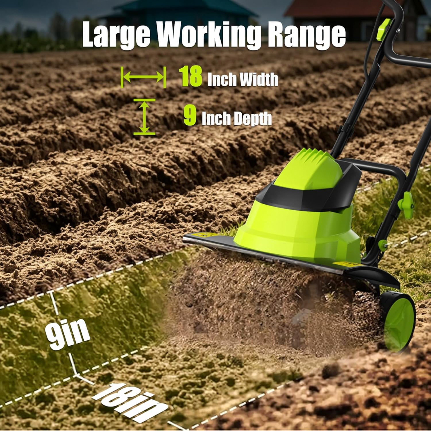 Datingday Corded Electric Garden Tiller 18 Inch Tilling Width 120V 13.5 Amp Soil Cultivator with Adjustable Wheels for Gardening Soil