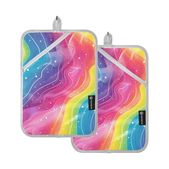 Pot Holders Set of 2 Heat Resistant 338℉ Kitchen Oven Gloves Potholder Cooking Baking Microwave Mitts Rainbow Illustration