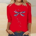 thumbnail image 1 of Fartey Chemises à Manches 3/4 à Imprimé Libellule pour Femmes, Chic Décontracté, Tuniques à Col Rond, Hauts de Printemps Été, Blouses Ajustées, 1 of 3