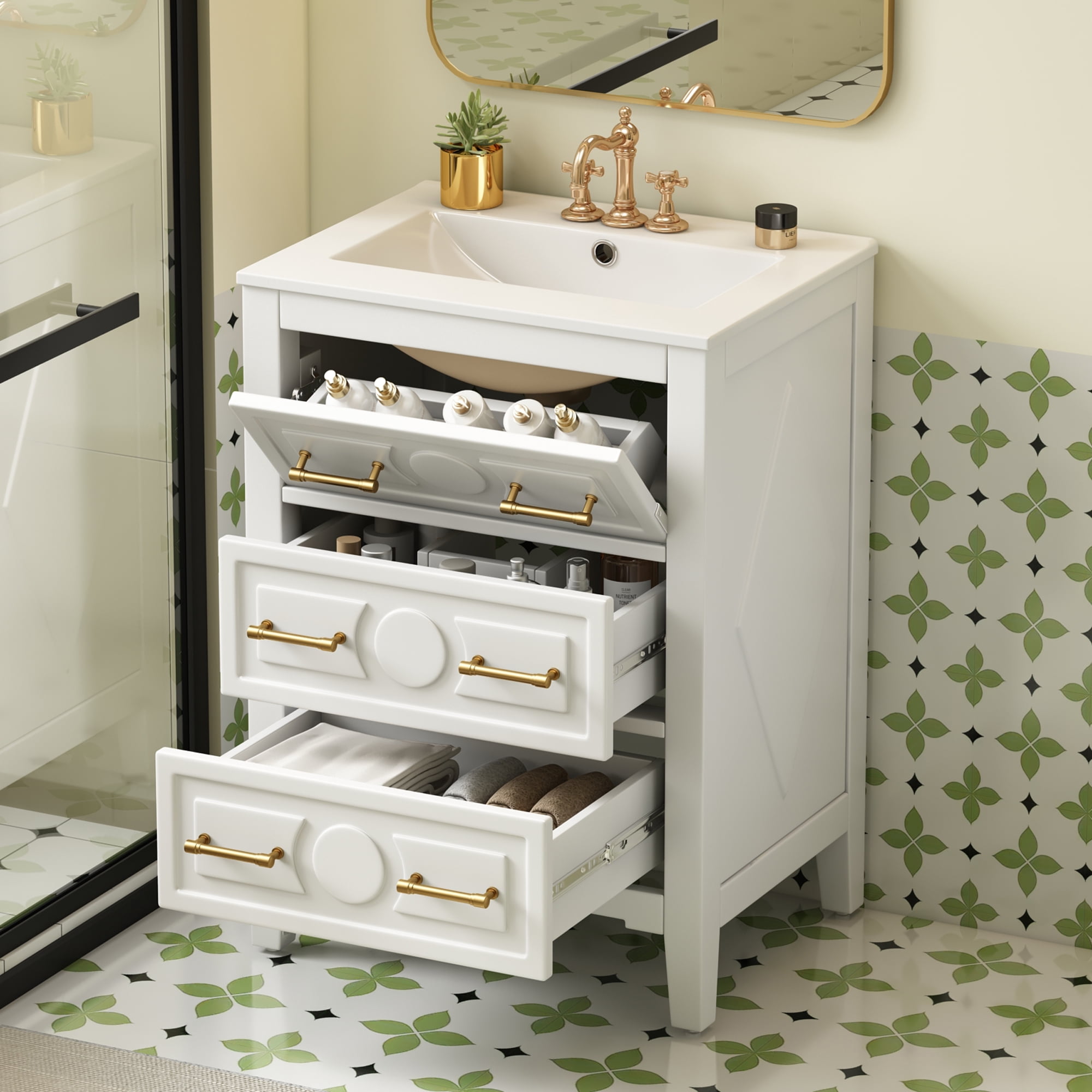 Euroco 24'' Bathroom Vanity with Ceramic Sink Combo, Free Standing Single Vanity Set with 3 Drawers, Solid Wood Frame Bathroom Storage Cabinet, White