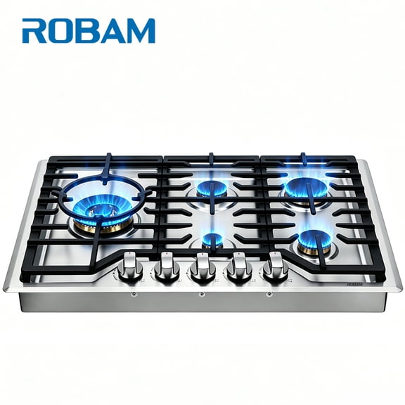 ROBAM 30" Gas Cooktop G513, 5 Made in Italy Brass Burners, 304 Stainless Steel Built-in Gas Stove, 20,000 BTU Dual-Flame Wok Burner, NG/LPG Convertible with Flame Failure Protection