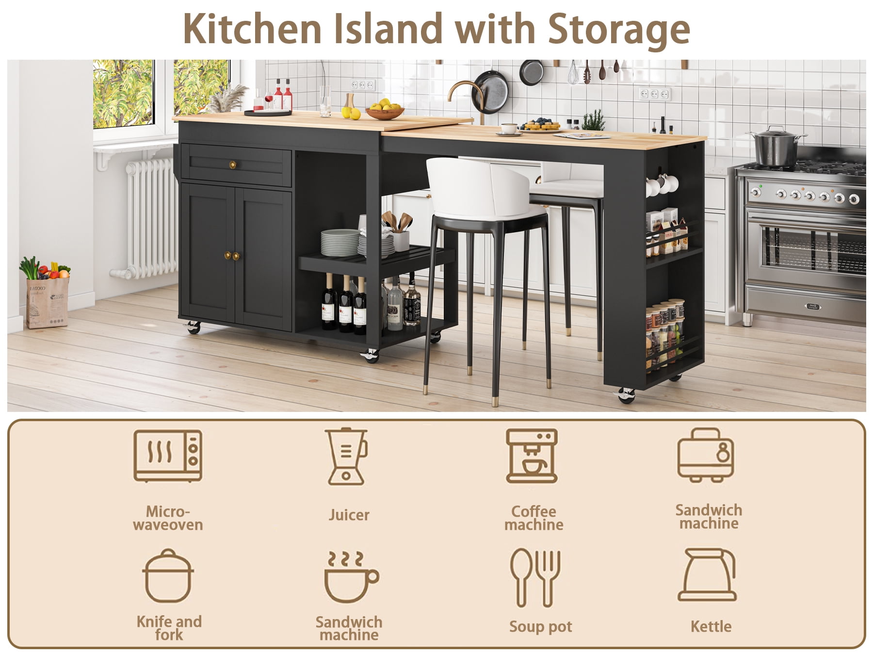 JassmiPkwy 77.8 " Rolling Kitchen Island with Extendable Dining Table, with Wheels, Sided Storage Shelf, Black