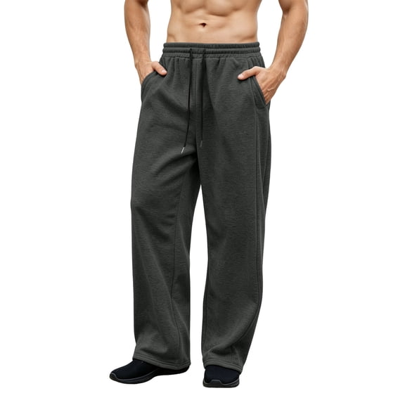 Men's Fleece Lined Wide Leg Sweatpants Elastic Drawstring Waist Loose Straight Leg Jogger Pants with Side Pockets Soft Warm Casual Daily Trousers Gray M