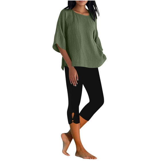 Fmbrln Womens Summer 2 Piece Sets Casual Crew Neck 3/4 Sleeve Linen Tops and Elastic Waist Capri Leggings Sets Athletic Workout Sets Lounge Sets Army Green XL