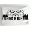 Hunting Pillow Sham Hunting and Fishing in Vintage Emblem Design Antler Horns Mallard Pine Tree, Decorative Standard King Size Printed Pillowcase, 36 X 20 Inches, Black and White, by Ambesonne