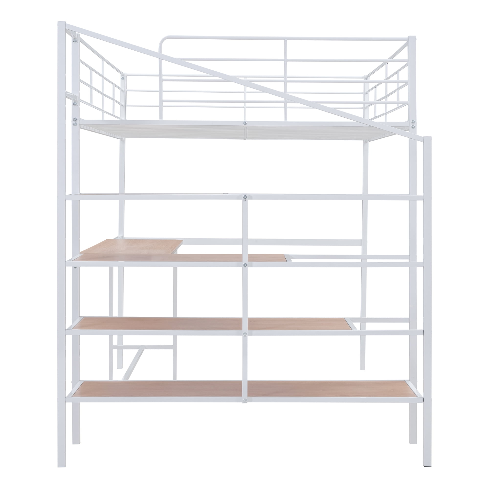 Full Size Loft Bed with Desk and Lateral Storage Ladder,Metal Loft Bed for Kids,White