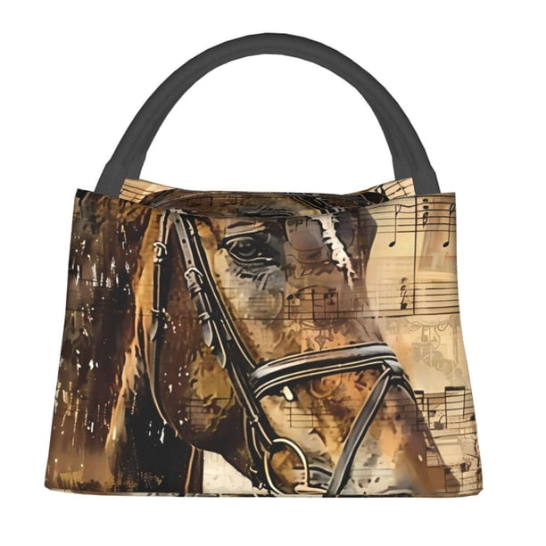 Easygdp Musical Horse Vintage Collage Bolsa de Almuerzo Insulada Reutilizable, Bolsa de Mano y Bandolera para Oficina, Trabajo, Viajes