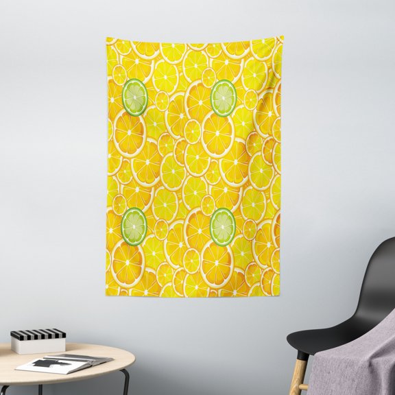 Yellow Decor Tapestry, Lemon Orange Lime Citrus Round Cut Circles Big and Small Pattern, Wall Hanging for Bedroom Living Room Dorm Decor, 40W X 60L Inches, Yellow White and Green, by Ambesonne