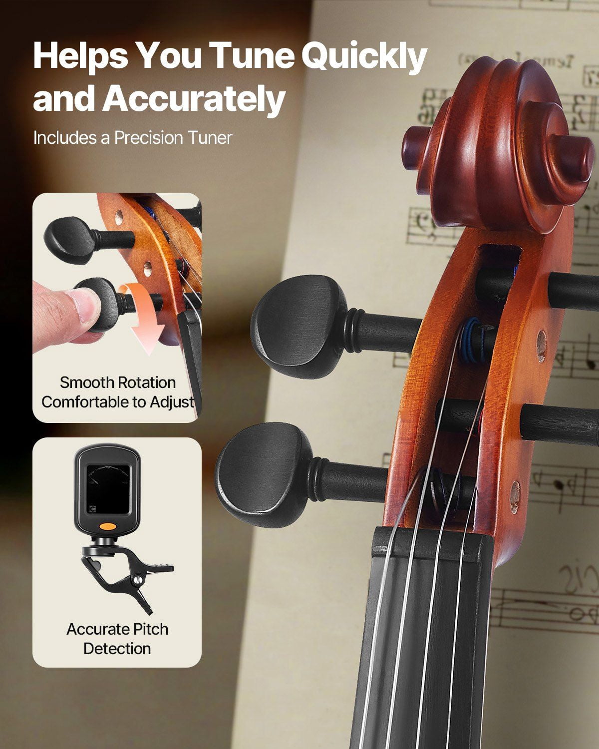 Violin 4/4 Full Size Fiddle Set Solid Wood Matte Brown for Beginners with Case, Bow, Rosin, Tuner, Shoulder Rest, Spare Strings, Polishing Cloth, Ideal for Lessons, Practice, and Performance