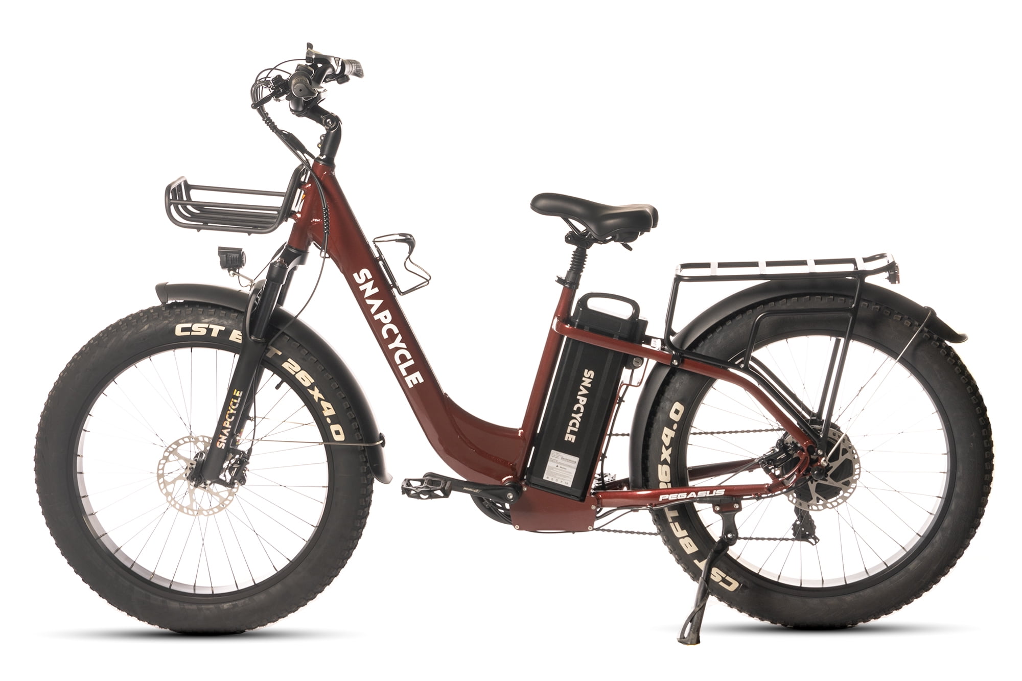 Snapcycle Pegausus Electric Bike for Adults, 750W Peak Motor, 28MPH with 26" x 4.0 Fat Tire Step-Thru Ebike, 48V 15AH Removable Battery, Red