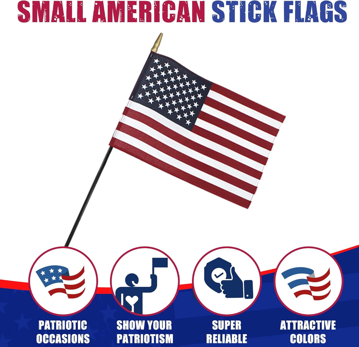 Super Tough Small American Stick Flags 8’’x12’’ | Cotton Outdoor Flag on Black Wooden Stick | Mini Flags Patriotic Decor for Various Holiday Parties and National Flag Day | 12 Pack