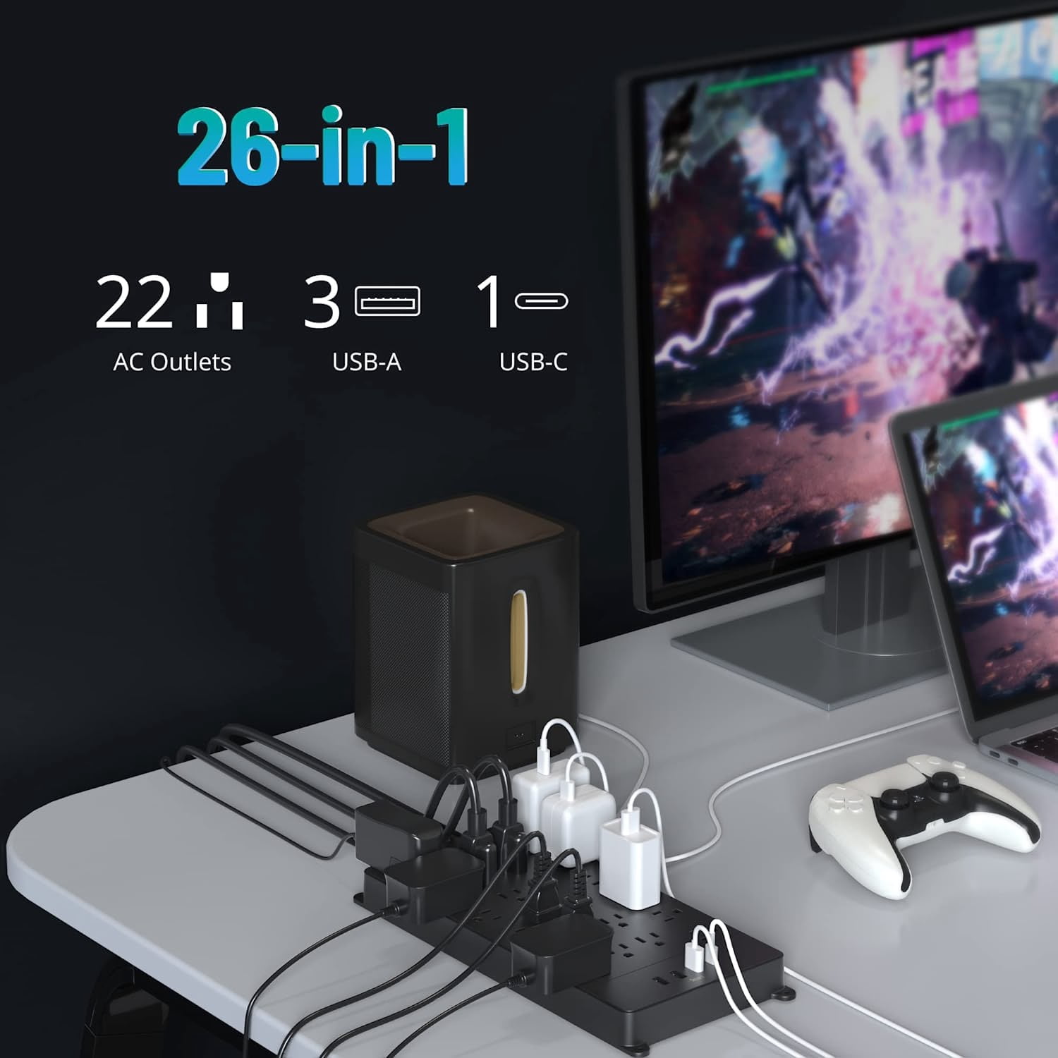 TROND Surge Protector Power Strip with USB C, 10ft Long Extension Cord Multi Plug Outlets, 3 USB-A Ports 1 USB C and 22 AC Outlets 4000J, ETL Listed, Black