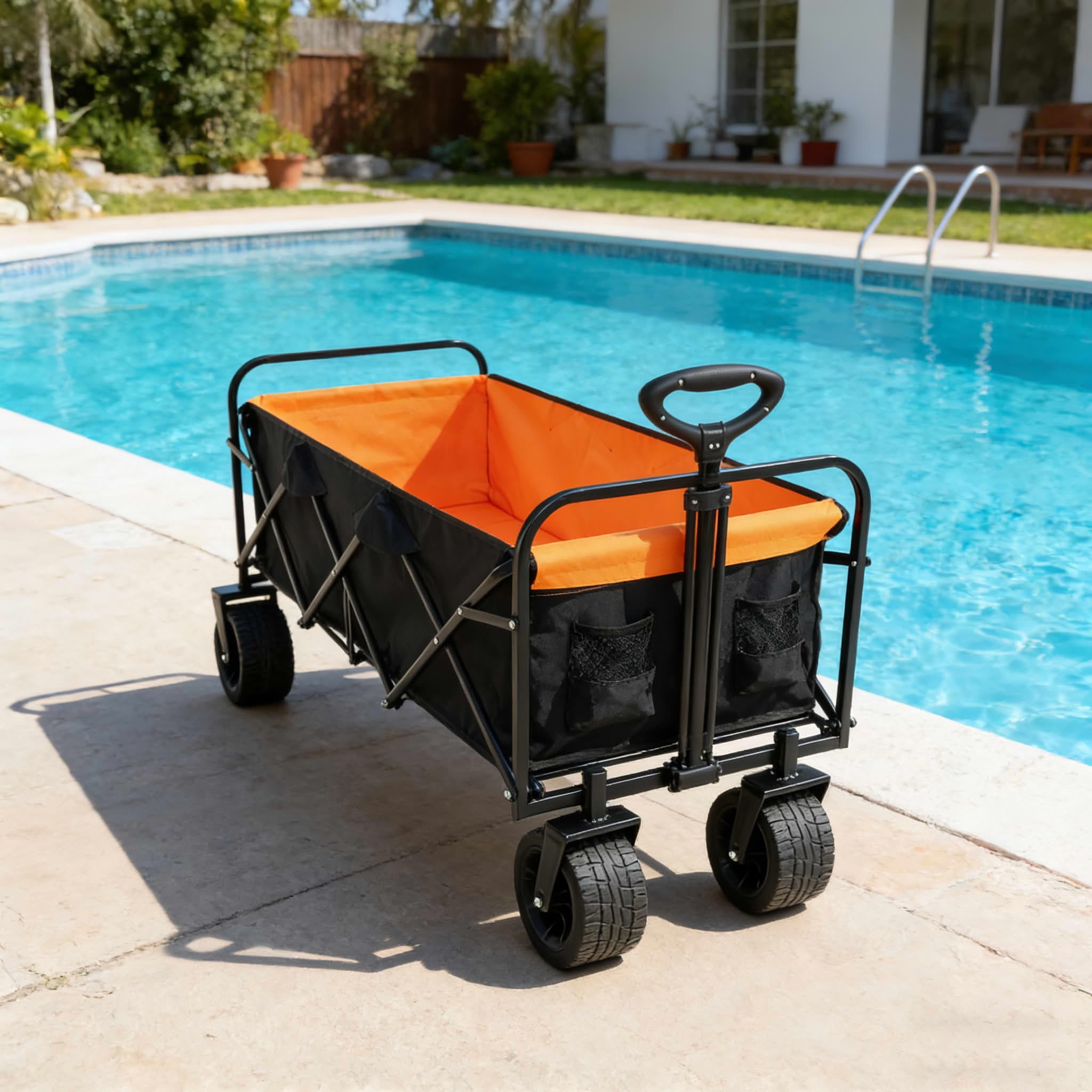 MAYEERTY Large Capacity Folding Wagon Cart, 150LBS Extender Brake Wheels, Black Orange for Garden Beach Shopping