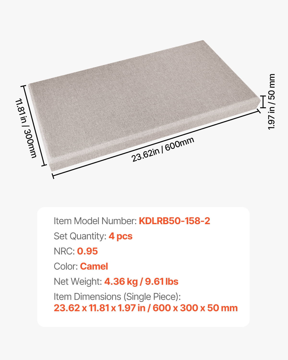 VEVOR 4 PCS Acoustic Panels, 2 inch Thick 23.6 x 11.8 inch Fiberglass Sound Absorbing Panels, Self-adhesive Soundproof Wall Boards, for Studios, Office, Home Theater,Meeting Room, Camel