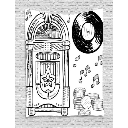 - Jukebox Tapestry, Doodle Style Retro Music Box Notes Coins Long Play Vintage Sketchy Artwork, Wall Hanging for Bedroom Living Room Dorm Decor, Black and White, by Ambesonne