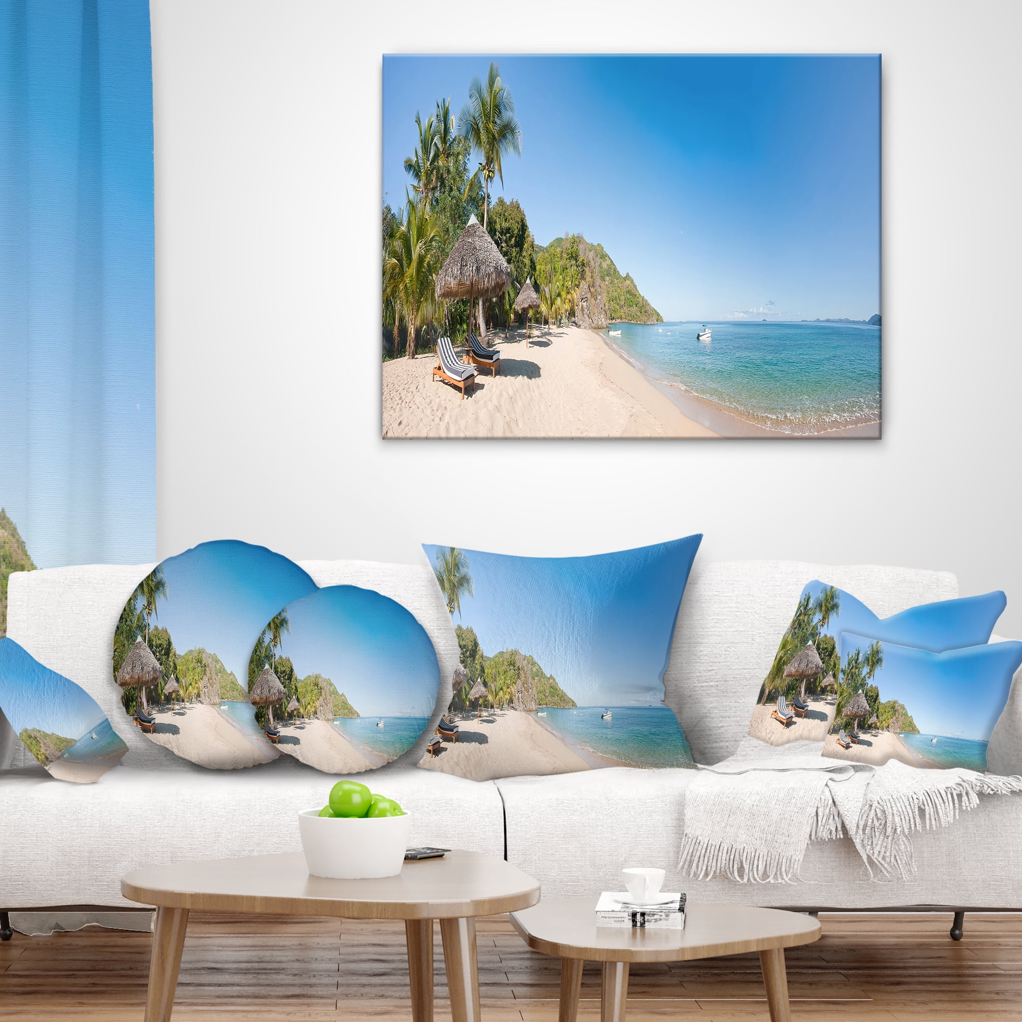 Designart Beach with Chairs and Umbrellas - Seashore Photo Throw Pillow - 12x20