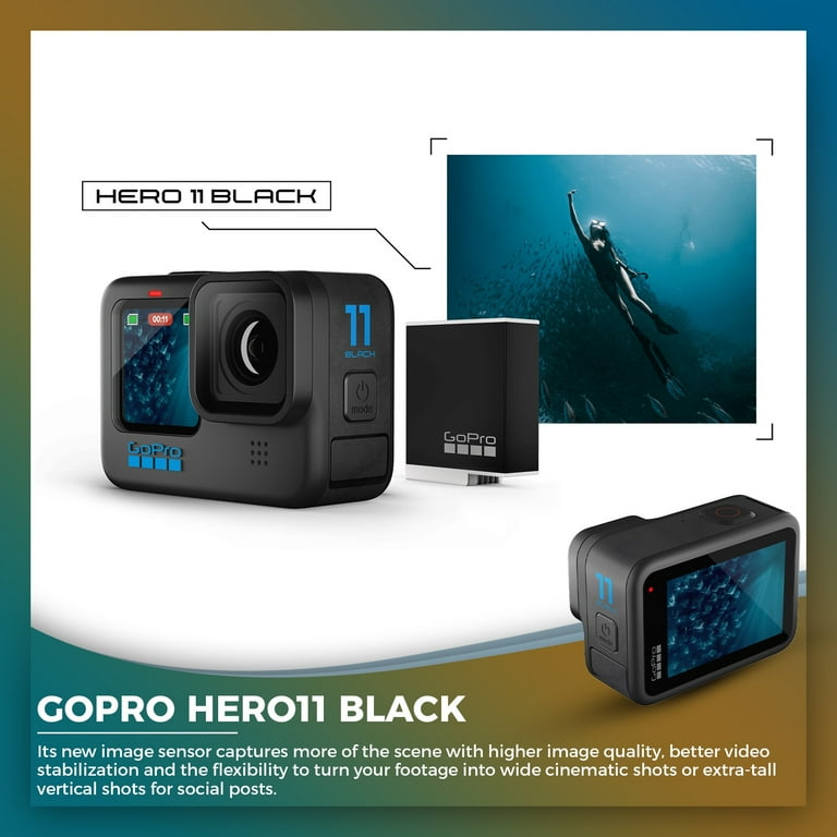 GoPro HERO11 (HERO 11) (New) - 27MP Waterproof Action Camera + 64GB Card  and 2 Extra Batteries 