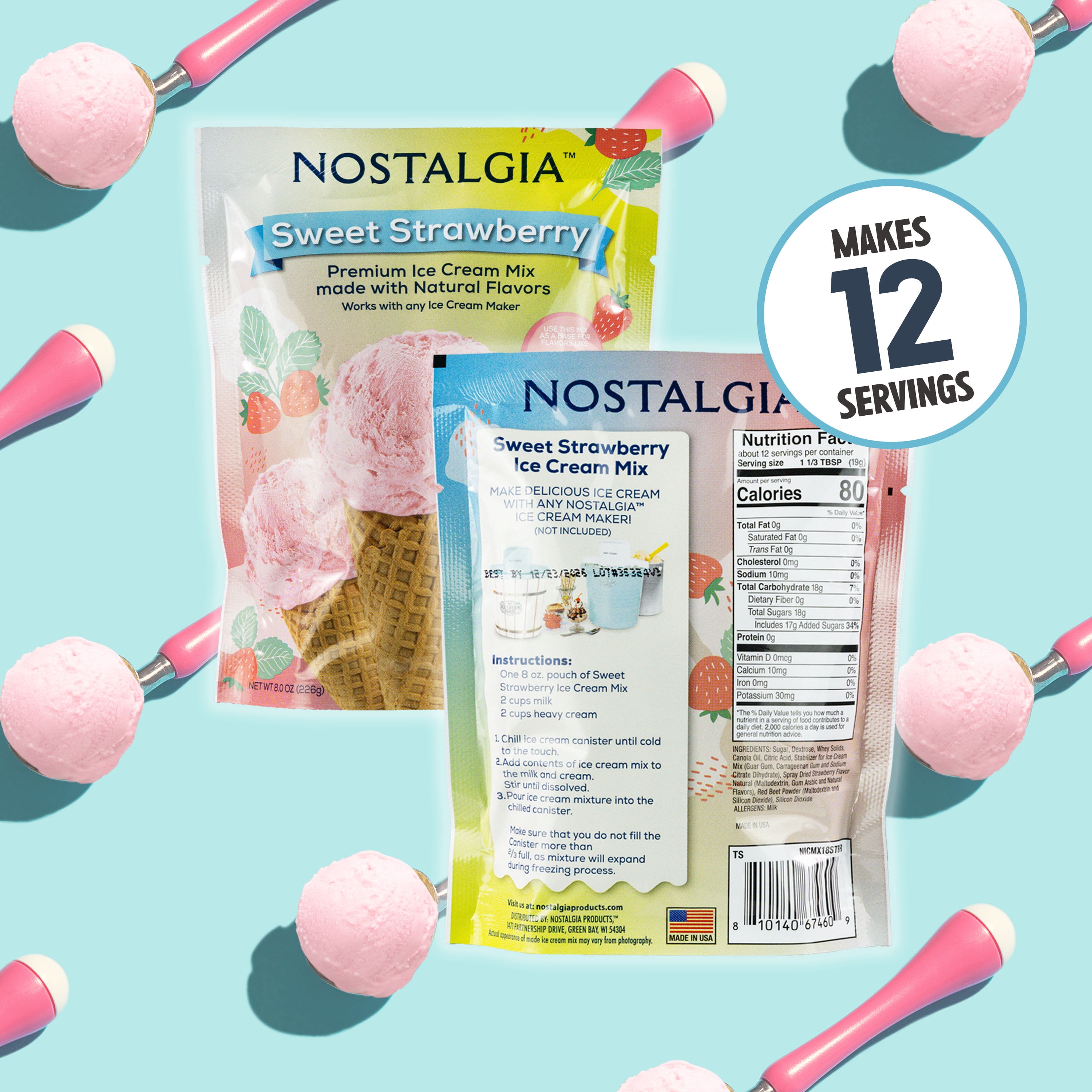 Nostalgia 2-Quart Homemade Premium Strawberry Ice Cream Starter Mix (8-Pack)