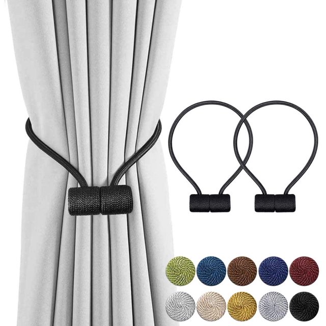 Magnetic Curtain Tiebacks Curtain Clips Rope Rear Curtain Holders Buckles Curtain Binder Curtain Holders for Home Decoration Cafe Office 2 Pieces Black