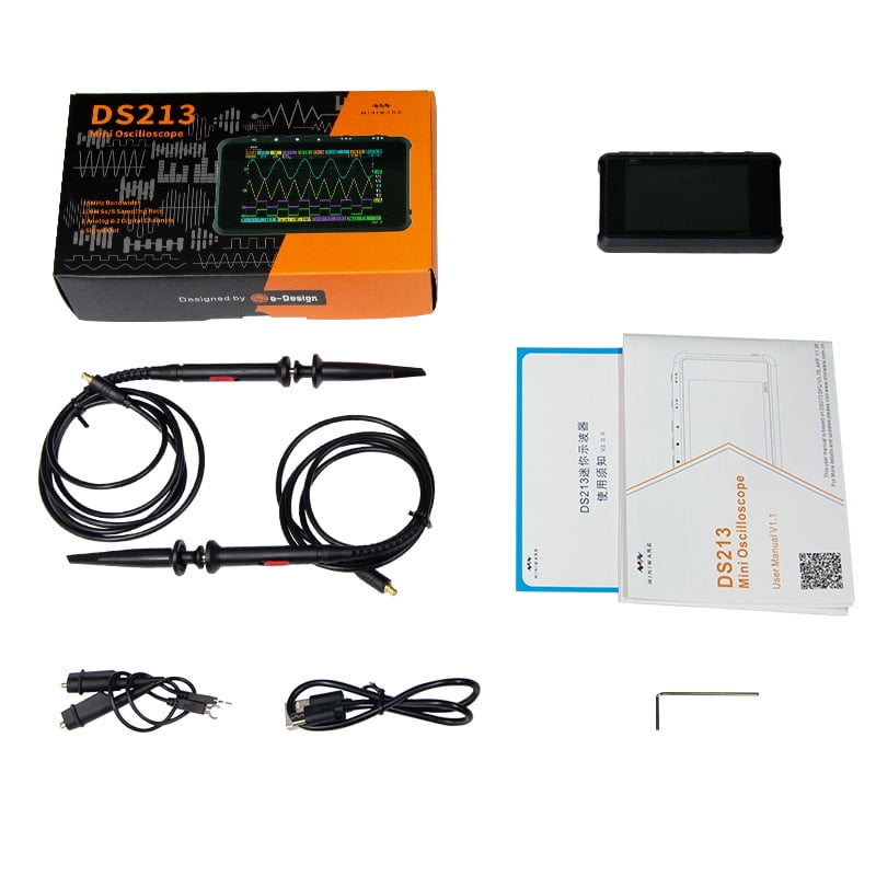 Handheld Oscilloscope DS213, Portable Oscilloscope Mini Size Handheld, Built-in Rechargeable Battery, 4 Channels, 15Mhz Bandwidth, Entry Level Oscilloscope for Beginner