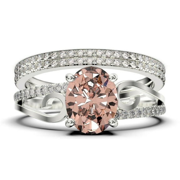 Gorgeous Art Nouvea 2.50 Carat Oval Cut Morganite And Diamond Moissanite Twirled Style Engagement Ring, Wedding Ring In 925 Sterling Silver With 18K White Gold Plating Gift For Her, Trio Set