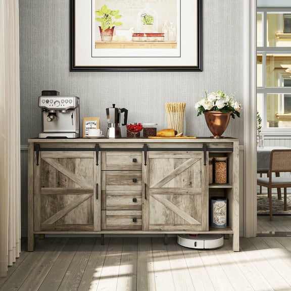 Kadyn 59" Buffet Cabinet with Thick Top, 2 Barn Doors, 4 Drawers and 2 Adjustable Shelves, Sideboard Cabinet for Kitchen, Dining Room, Gray Wash