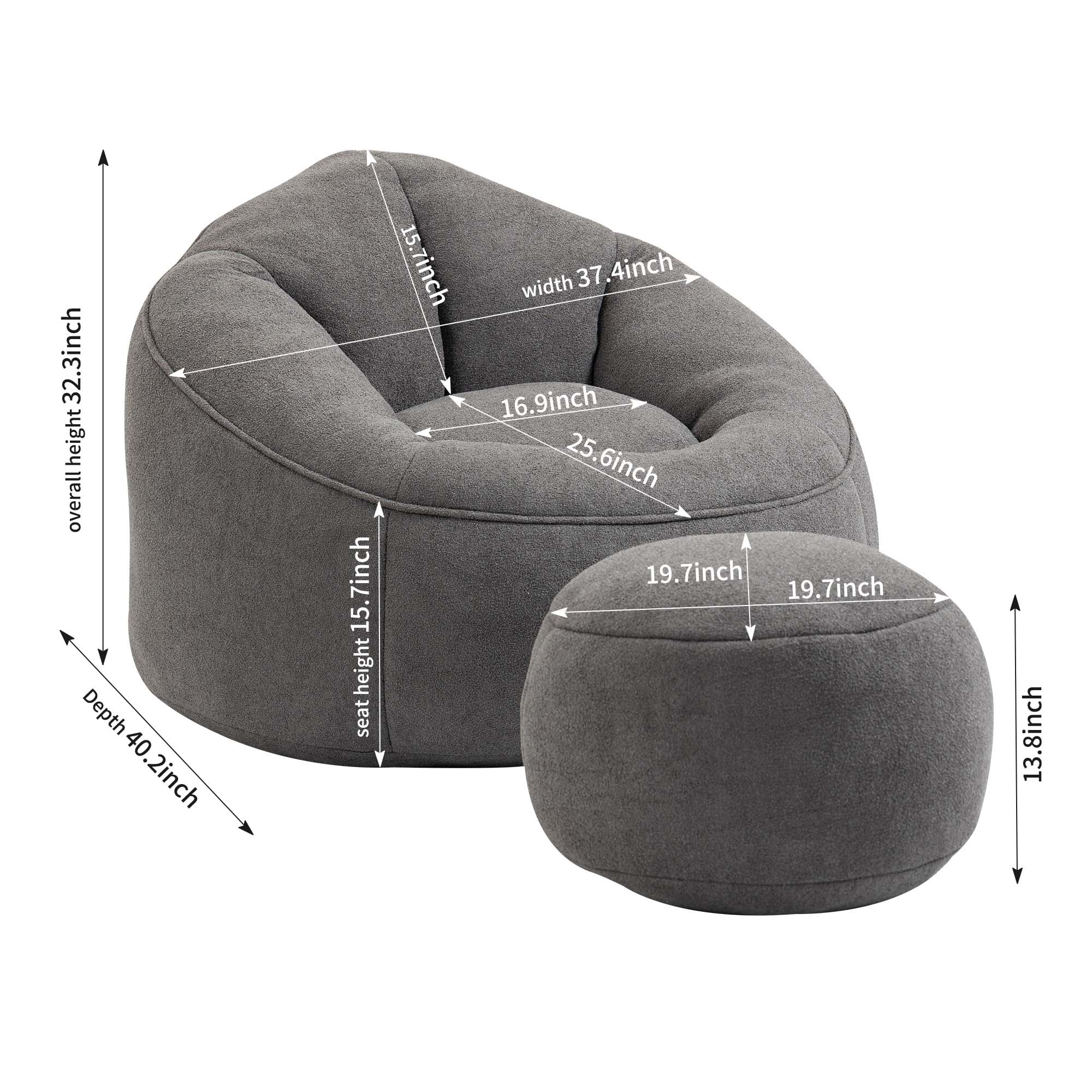 Aukfa Bean Bag Chair, Lazy Sofa Beanbag with Ottoman for Living Room, Dorm - Gray