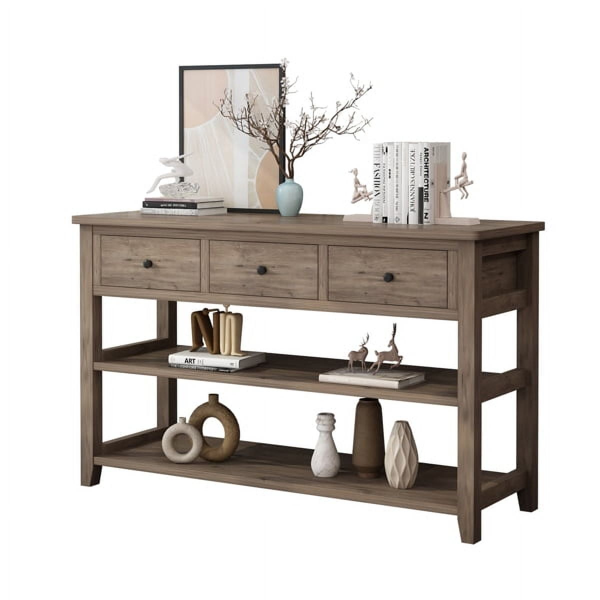 47.2" Vintage Console Table - Wash Gray MDF, 4 Drawers & Open Shelf, 200lb Capacity, American Country Style for Entryway, Living Room, Bedroom