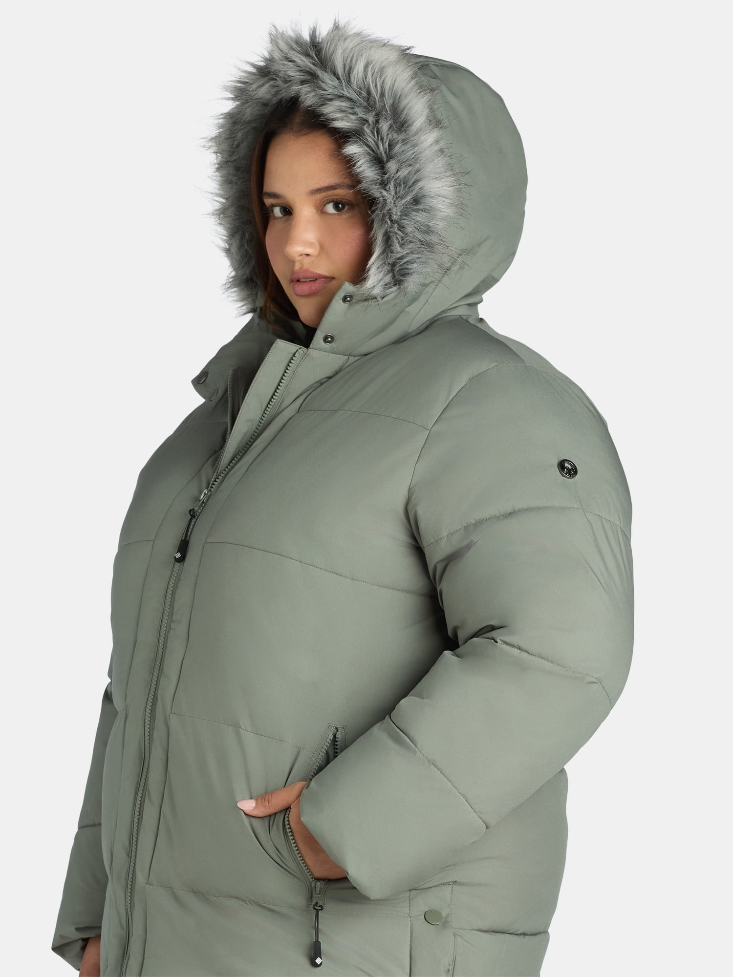 Big Chill Women's and Women's Plus Wide Quilted Puffer Coat with Faux Fur Trim Hood, Sizes S-3X