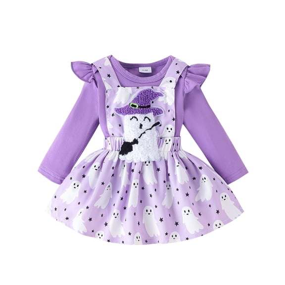 BOOMNY Halloween Girls 2 Peice Outfit Sets Hallowmas Pumpkin Embroidery Long Sleeve Tops Dress Sets for Kids Comfy Clothing Set