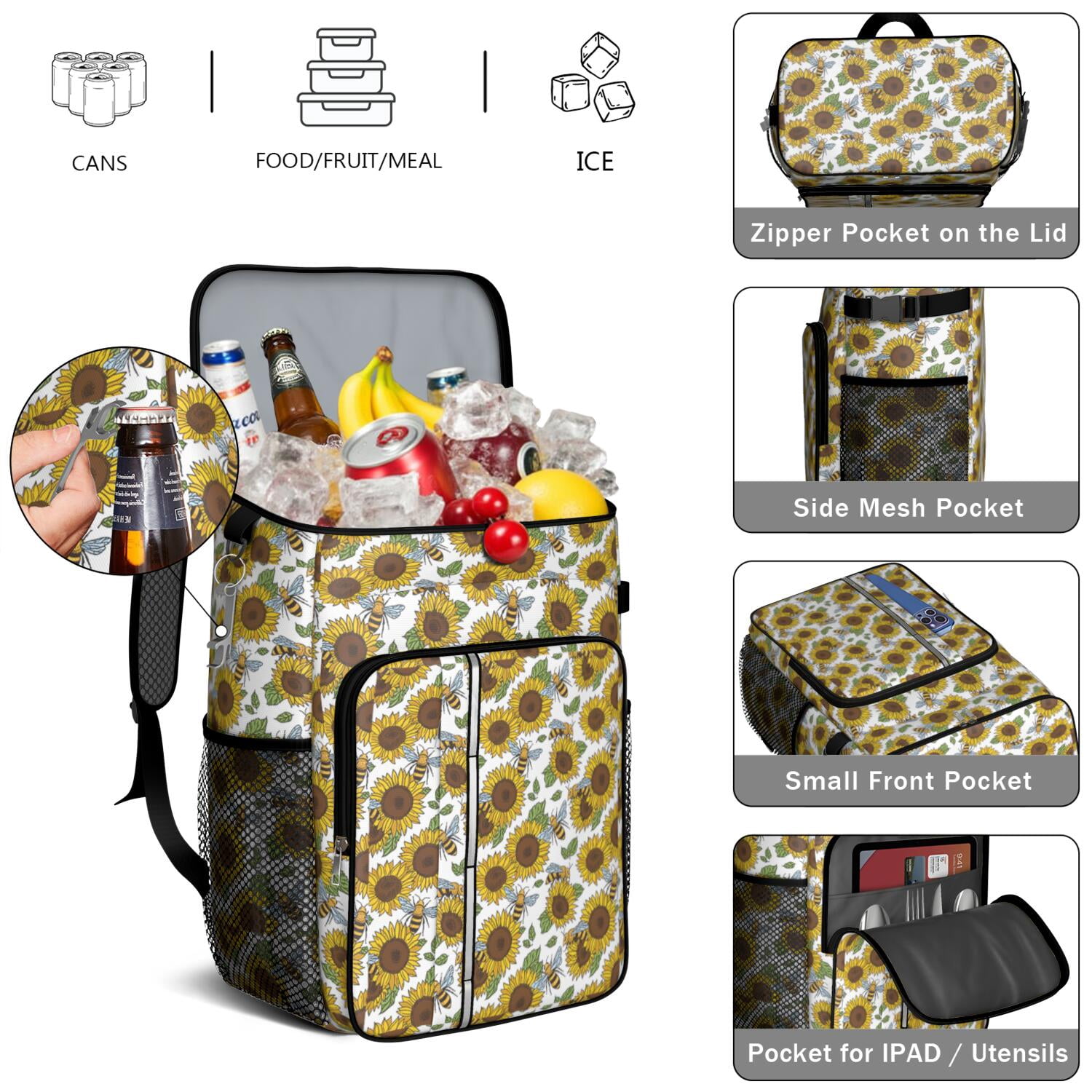 Travel Cooler Bag - White Sunflower Camping Beer Cooler Backpack with Bottle Opener- Waterproof Insulated Picnic Backpacks - Cooler Bag for Beach