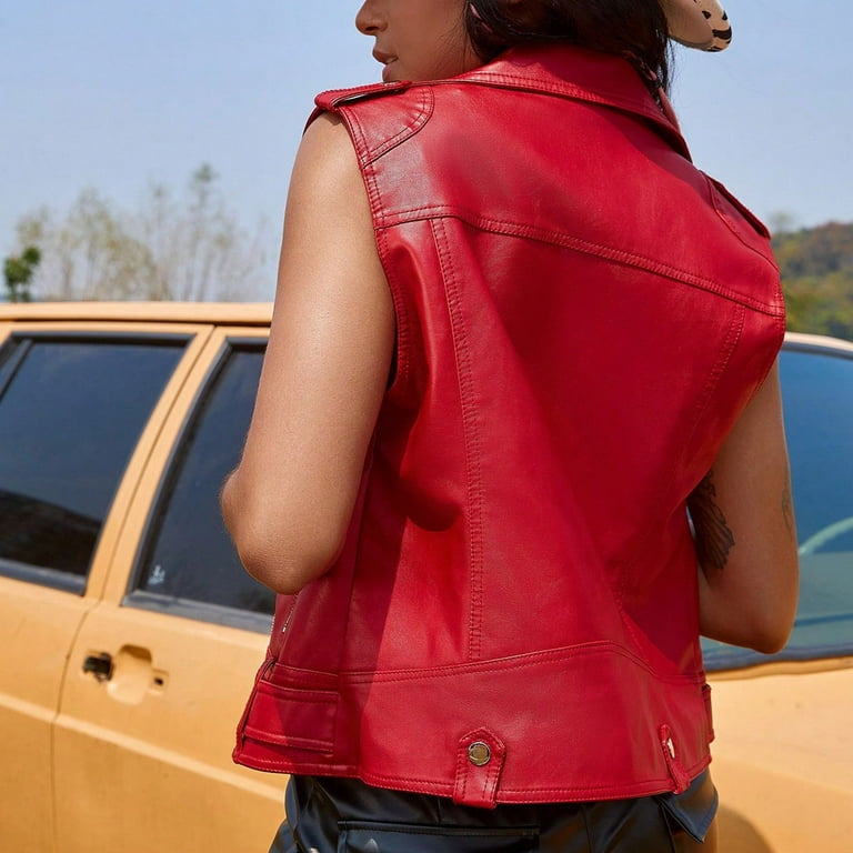 Faux Leather Vest for Women Zipper Cropped Sleeveless Biker Moto