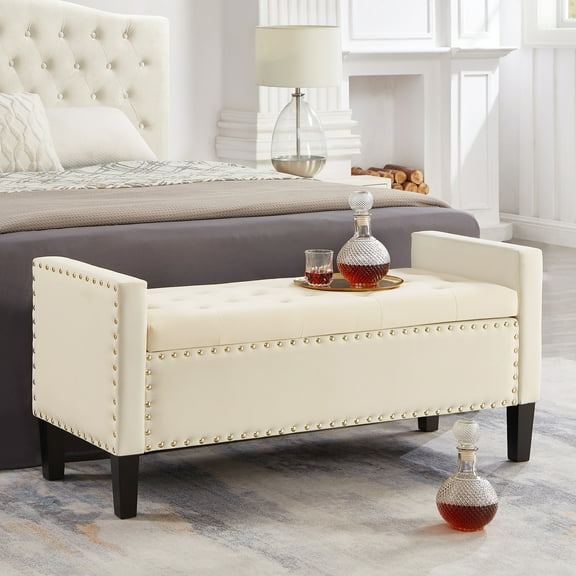 Modern Button Tufted Bed of Bench, Velvet Upholstered Storage Ottoman Seat with Nails Trim Arms, for Bedroom Living Room Entryway
