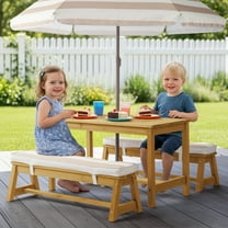 UBesGoo Patio Wood Kids Activity Table Set, 3Pcs Child Picnic Table with Cushion & Umbrella, for Indoor/Outdoor Homework, Handwork, Crafts, Meal (Natural)