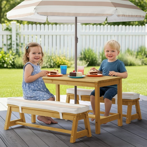 UBesGoo Patio Wood Kids Activity Table Set, 3Pcs Child Picnic Table with Cushion & Umbrella, for Indoor/Outdoor Homework, Handwork, Crafts, Meal (Natural)