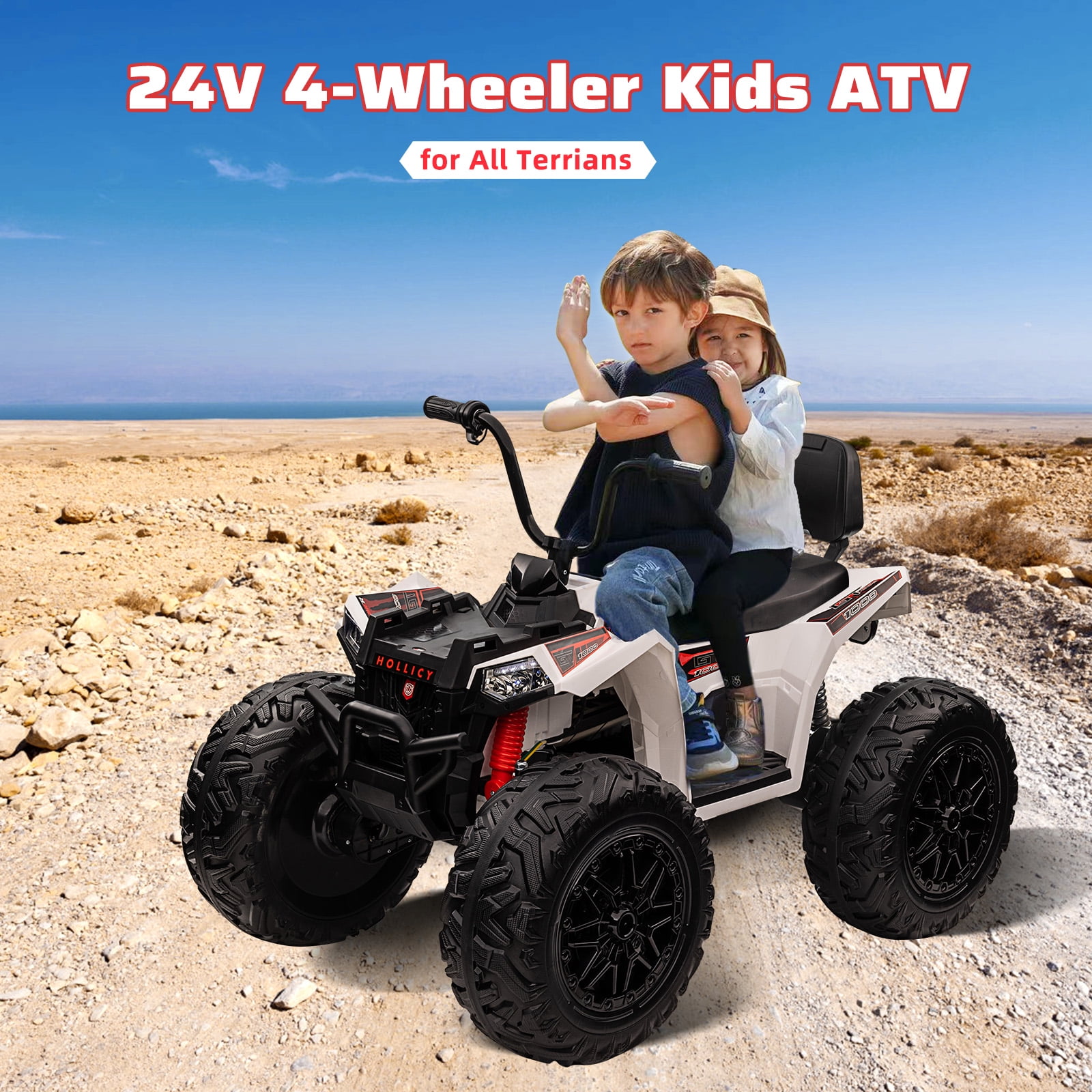 M optimized Kids Ride on ATV, 24V Ride on Car 4WD Electric Vehicle, 4x80W Powerful Engine, with Accelerator Handle, EVA Tire, Metal Suspension, LED Light, Music, for 3-8 Years Boys Girls
