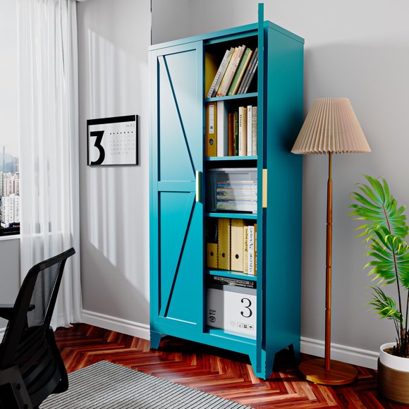 CHSHIN 61"H Farmhouse Pantry,4-Tier Metal Storage Cabinet with Barn Doors for Kitchen,Home,Blue