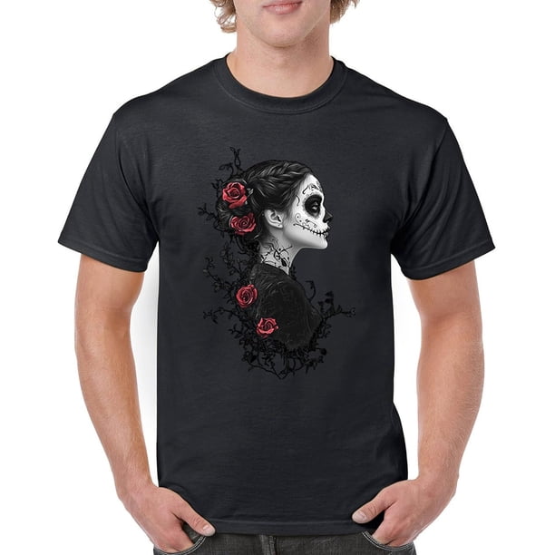 Playera Día de Muertos para hombre – Calavera de azúcar gótica con rosas y elegancia oscura