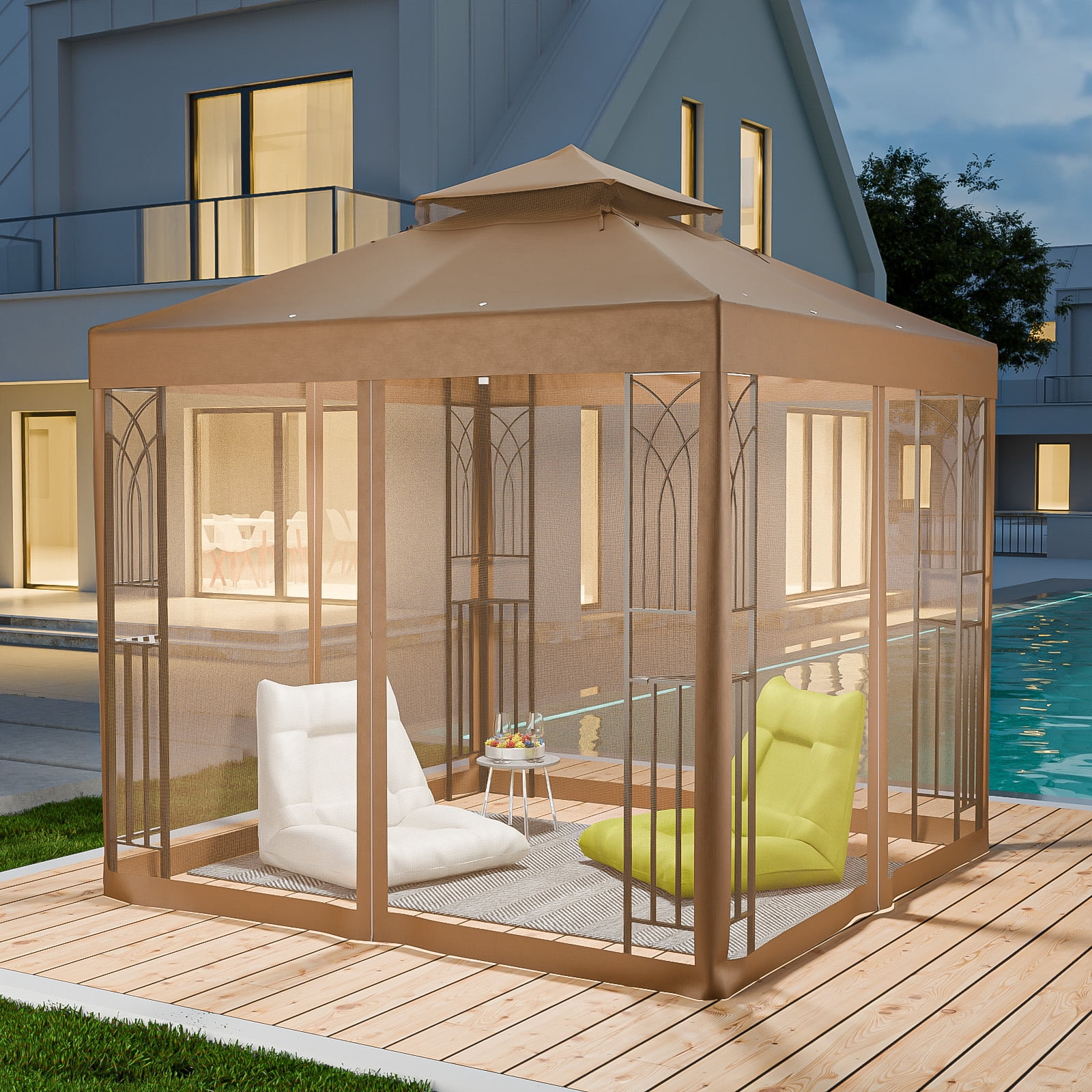 INTER HUT 8x8 Metal Patio Double Soft Roof Gazebo Outdoor Canopy Tent with Netting, Ceiling Hook, Shelves