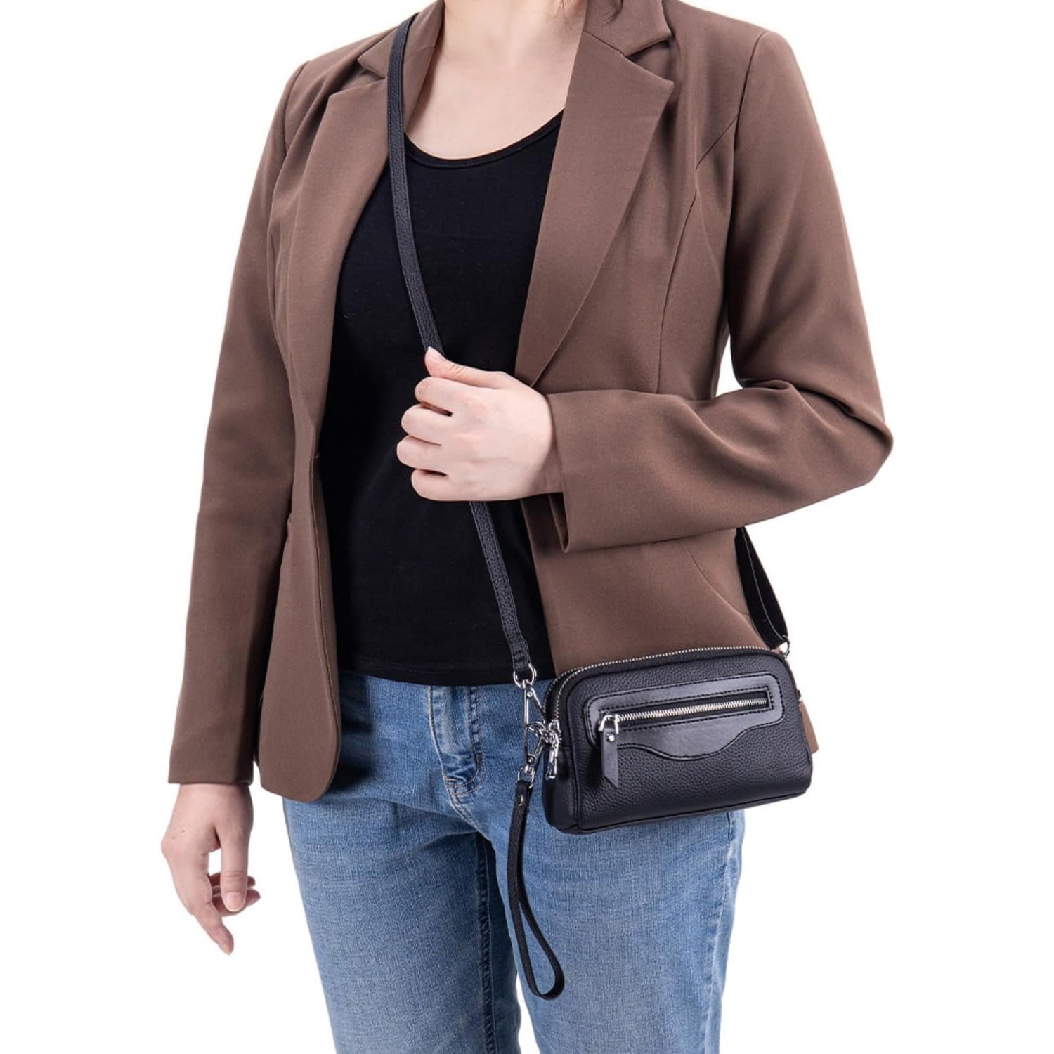 Wristlet Wallet for Unisex Genuine Small Crossbody Women Bags Double Zipper Pocket Cell Phone Pounch